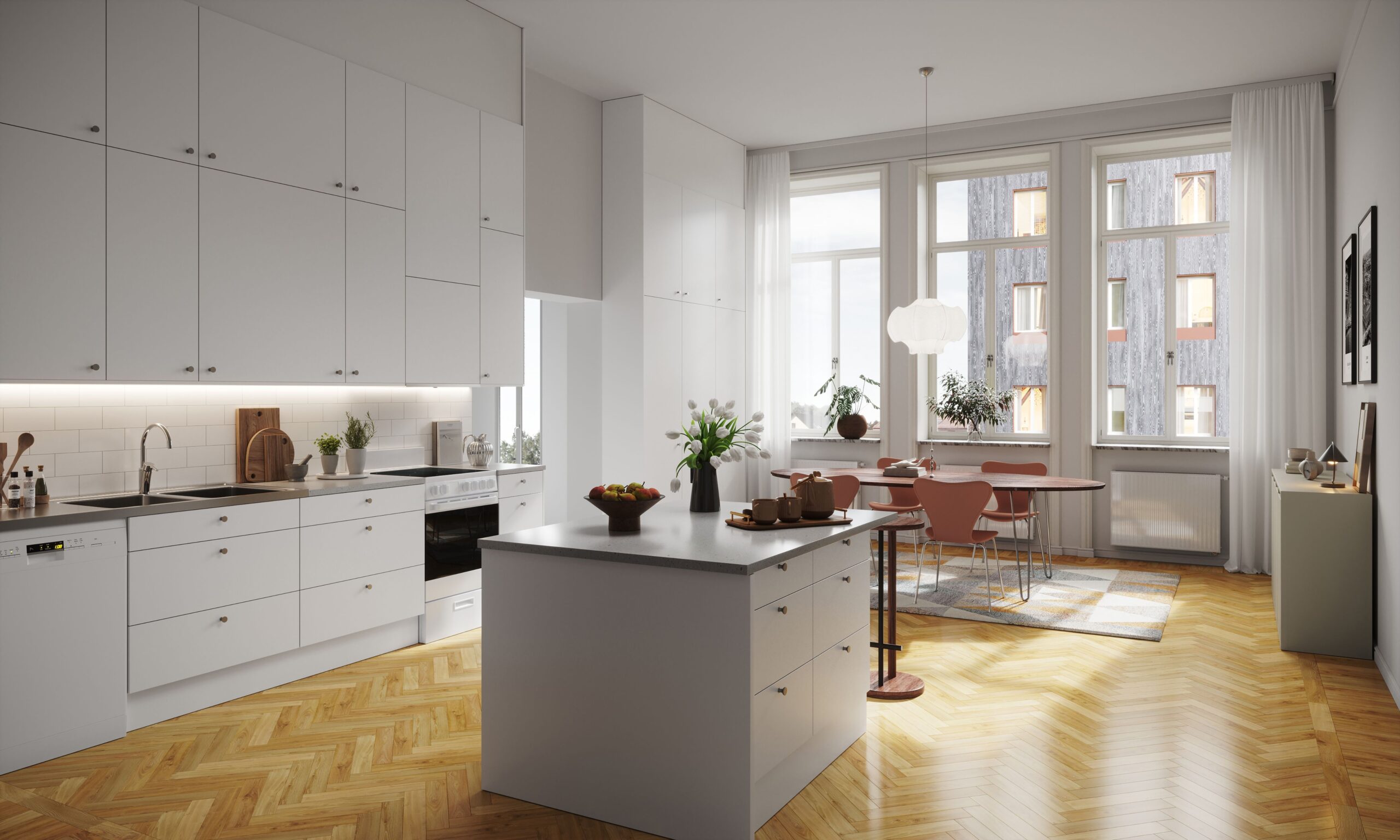 Visionsskiss STortorget 19. Kök i sekelsskifteslägenhet med fiskbensparkett, höga fönster och matgrupp. Dubbla köksskåp och köksö.